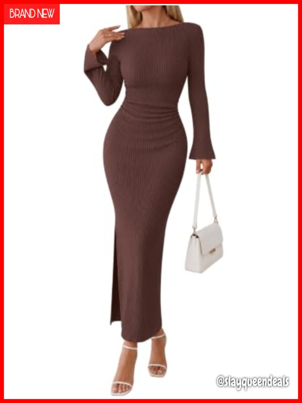 Womens Long Sleeve Bodycon Maxi Dress Ribbed Knit Bell Sleeve Ruched Waist